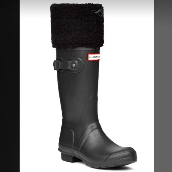NWT HUNTER Original Sheepskin Cuff Tall Rain Boots Matte Black SZ 6